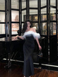 Niulatu Sheath Off The Shoulder Short Sleeves Black Slit Satin Prom Dresses Birthday Outfits SD646