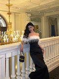 Niulatu Sheath Off The Shoulder Short Sleeves Black Slit Satin Prom Dresses Birthday Outfits SD646