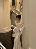 Niulatu Mermaid Square Neckline Long Sleeves Date Night Dress White Prom Dresses Birthday Outfits SD647