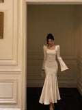 Niulatu Mermaid Square Neckline Long Sleeves Date Night Dress White Prom Dresses Birthday Outfits SD647