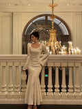 Niulatu Mermaid Square Neckline Long Sleeves Date Night Dress White Prom Dresses Birthday Outfits SD647