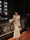 Niulatu Mermaid Square Neckline Long Sleeves Date Night Dress White Prom Dresses Birthday Outfits SD647
