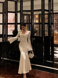 Niulatu Mermaid Square Neckline Long Sleeves Date Night Dress White Prom Dresses Birthday Outfits SD647