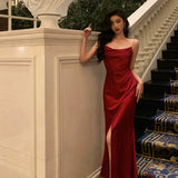 Niulatu Sheath Spaghetti Straps Sleeveless Red Ankle Length Prom Dresses Birthday Outfits SD648