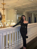 Niulatu Mermaid Off The Shoulder Long Sleeves Date Night Dress Black Prom Dresses Birthday Outfits SD652