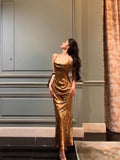 Niulatu Sheath Halter Sleeveless Gold Floral Satin Prom Dresses Birthday Outfits SD655