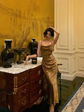 Niulatu Sheath Halter Sleeveless Gold Floral Satin Prom Dresses Birthday Outfits SD655