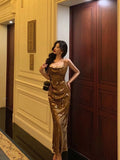 Niulatu Sheath Halter Sleeveless Gold Floral Satin Prom Dresses Birthday Outfits SD655