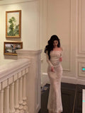 Niulatu Sheath Square Neckline Long Sleeves Date Night Dress White Lace Prom Dresses Birthday Outfits SD656