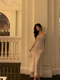 Niulatu Sheath Square Neckline Long Sleeves Date Night Dress White Lace Prom Dresses Birthday Outfits SD656