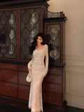 Niulatu Sheath Square Neckline Long Sleeves Date Night Dress White Lace Prom Dresses Birthday Outfits SD656