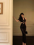 Niulatu Sheath V neckline Sleeveless Black Sequin Prom Dresses Birthday Outfits SD657