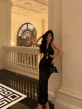 Niulatu Sheath V neckline Sleeveless Black Sequin Prom Dresses Birthday Outfits SD657