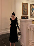 Niulatu A line Straps Long Sleeves Black Velvet Prom Dresses Birthday Outfits SD658