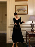 Niulatu A line Straps Long Sleeves Black Velvet Prom Dresses Birthday Outfits SD658