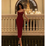 Niulatu Sheath Spaghetti Straps Sleeveless Red Tea Length Prom Dresses Birthday Outfits SD661