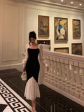 Niulatu Sheath Square Neckline Long Sleeves Black Prom Dresses Birthday Outfits With Ruffle SD663