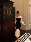 Niulatu Sheath Square Neckline Long Sleeves Black Prom Dresses Birthday Outfits With Ruffle SD663