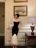Niulatu Sheath Square Neckline Long Sleeves Black Prom Dresses Birthday Outfits With Ruffle SD663