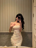 Niulatu Sheath Spaghetti Straps Sleeveless White Floral Prom Dresses Birthday Outfits With Flower SD664