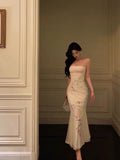 Niulatu Sheath Spaghetti Straps Sleeveless White Floral Prom Dresses Birthday Outfits With Flower SD664