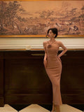 Niulatu Sheath Halter Neckline Sleeveless Prom Dresses Birthday Outfits With Flower SD666