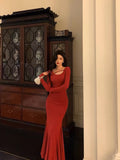 Niulatu Mermaid Jewel Neckline Long Sleeves Date Night Dress Red Prom Dresses Birthday Outfits SD667