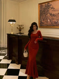 Niulatu Mermaid Jewel Neckline Long Sleeves Date Night Dress Red Prom Dresses Birthday Outfits SD667
