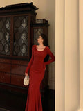 Niulatu Mermaid Jewel Neckline Long Sleeves Date Night Dress Red Prom Dresses Birthday Outfits SD667