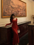 Niulatu Mermaid Jewel Neckline Long Sleeves Date Night Dress Red Prom Dresses Birthday Outfits SD667
