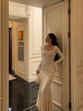 Niulatu Mermaid Jewel Neckline Long Sleeves Date Night Dress White Prom Dresses Birthday Outfits SD668
