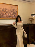 Niulatu Mermaid Jewel Neckline Long Sleeves Date Night Dress White Prom Dresses Birthday Outfits SD668