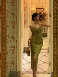 Niulatu Sheath Halter Green Sleeveless Slit Tea Length Party Dresses Birthday Outfits SD670