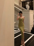 Niulatu Sheath Halter Green Sleeveless Slit Tea Length Party Dresses Birthday Outfits SD670