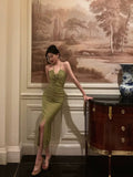 Niulatu Sheath Halter Green Sleeveless Slit Tea Length Party Dresses Birthday Outfits SD670