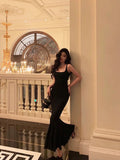 Niulatu Mermaid Spaghetti Straps Black Satin Backless Prom Dresses Birthday Outfits SD671