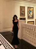 Niulatu Mermaid Spaghetti Straps Black Satin Backless Prom Dresses Birthday Outfits SD671