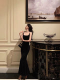 Niulatu Mermaid Spaghetti Straps Black Satin Backless Prom Dresses Birthday Outfits SD671