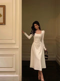 Niulatu A line Square Neckline Long Sleeves Date Night Dress White Prom Dresses Birthday Outfits SD672