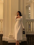Niulatu A line Square Neckline Long Sleeves Date Night Dress White Prom Dresses Birthday Outfits SD672