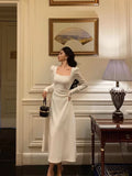 Niulatu A line Square Neckline Long Sleeves Date Night Dress White Prom Dresses Birthday Outfits SD672