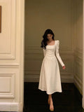 Niulatu A line Square Neckline Long Sleeves Date Night Dress White Prom Dresses Birthday Outfits SD672