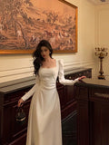 Niulatu A line Square Neckline Long Sleeves Date Night Dress White Prom Dresses Birthday Outfits SD672