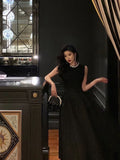 Niulatu Ball Gown Jewel Sleeveless Black Satin Prom Dresses Birthday Outfits SD673