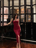 Niulatu Sheath Spaghetti Straps Red Sleeveless Slit Tea Length Party Dresses Birthday Outfits SD674