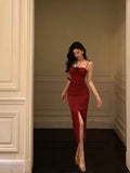 Niulatu Sheath Spaghetti Straps Red Sleeveless Slit Tea Length Party Dresses Birthday Outfits SD674