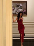 Niulatu Sheath Spaghetti Straps Red Sleeveless Slit Tea Length Party Dresses Birthday Outfits SD674