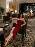Niulatu Sheath Spaghetti Straps Red Sleeveless Slit Tea Length Party Dresses Birthday Outfits SD674