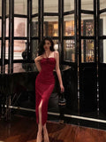 Niulatu Sheath Spaghetti Straps Red Sleeveless Slit Tea Length Party Dresses Birthday Outfits SD674