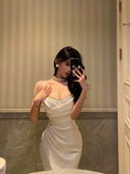 Niulatu Mermaid Spaghetti Straps White Satin Slit Prom Dresses Birthday Outfits SD675